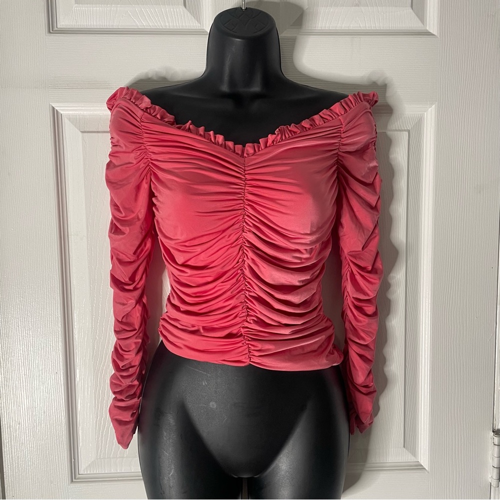 Ruffled Ruched Off-Shoulder Long Sleeve Top - Pink